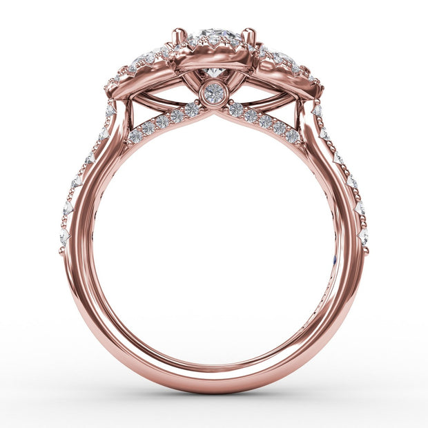 Three-Stone Round Diamond Halo Engagement Ring