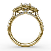 Three-Stone Round Diamond Halo Engagement Ring