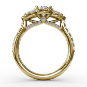 Three-Stone Round Diamond Halo Engagement Ring
