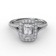 Vintage Emerald Cut Diamond Halo Engagement Ring With Split Shank