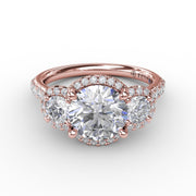 Three-Stone Round Diamond Halo Engagement Ring