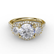 Three-Stone Round Diamond Halo Engagement Ring
