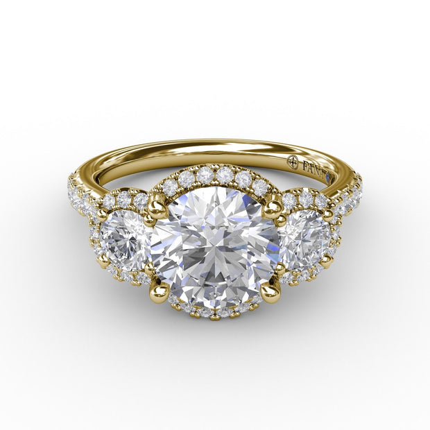Three-Stone Round Diamond Halo Engagement Ring