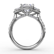 Three-Stone Round Diamond Halo Engagement Ring