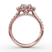 Angled Cushion-Shaped Diamond Halo Engagement Ring With Diamond Band