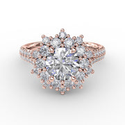 Contemporary Floral Halo Engagement Ring With Double-Row Pavé Band