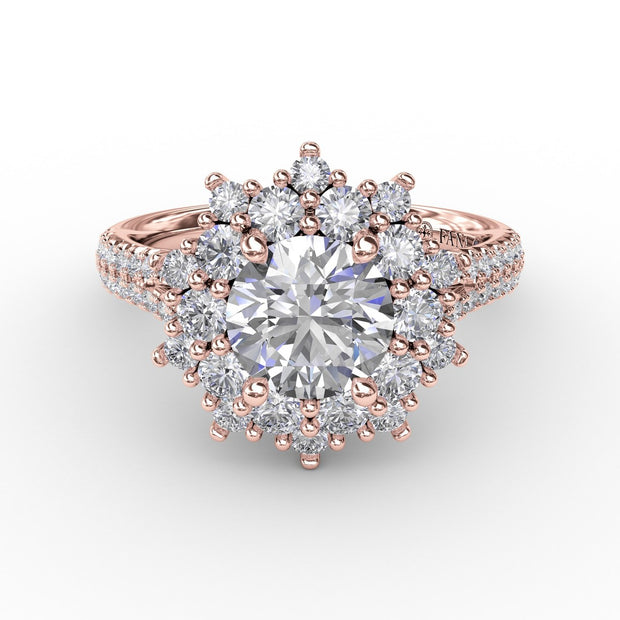 Contemporary Floral Halo Engagement Ring With Double-Row Pavé Band