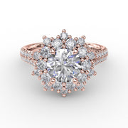Contemporary Floral Halo Engagement Ring With Double-Row Pavé Band