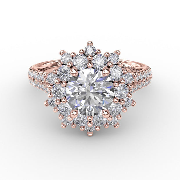 Contemporary Floral Halo Engagement Ring With Double-Row Pavé Band