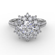 Contemporary Floral Halo Engagement Ring With Double-Row Pavé Band