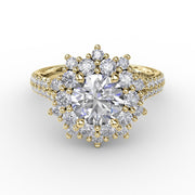 Contemporary Floral Halo Engagement Ring With Double-Row Pavé Band