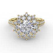 Contemporary Floral Halo Engagement Ring With Double-Row Pavé Band