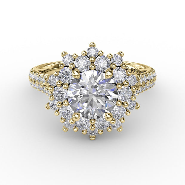 Contemporary Floral Halo Engagement Ring With Double-Row Pavé Band