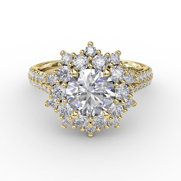 Contemporary Floral Halo Engagement Ring With Double-Row Pavé Band