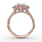 Contemporary Floral Halo Engagement Ring With Double-Row Pavé Band