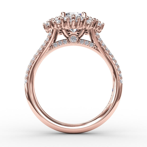 Contemporary Floral Halo Engagement Ring With Double-Row Pavé Band