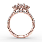 Contemporary Floral Halo Engagement Ring With Double-Row Pavé Band