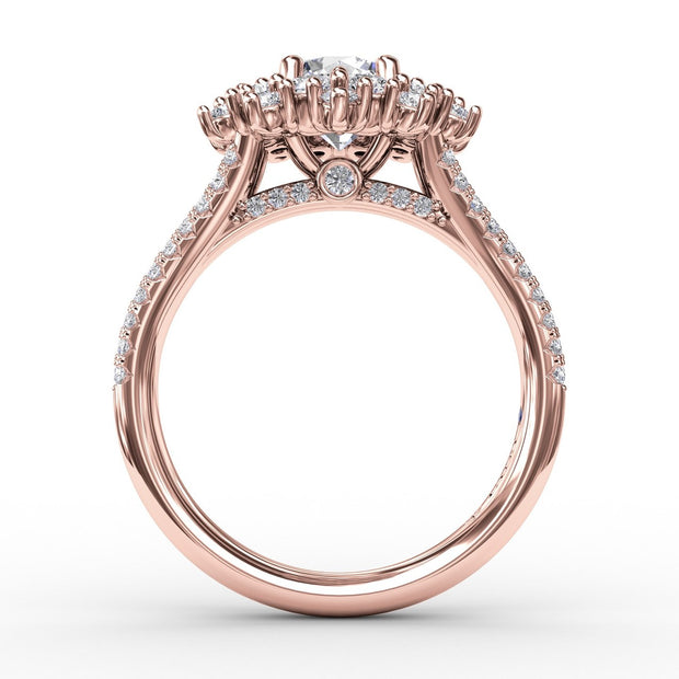 Contemporary Floral Halo Engagement Ring With Double-Row Pavé Band