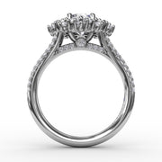 Contemporary Floral Halo Engagement Ring With Double-Row Pavé Band