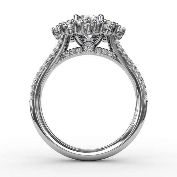 Contemporary Floral Halo Engagement Ring With Double-Row Pavé Band