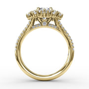 Contemporary Floral Halo Engagement Ring With Double-Row Pavé Band