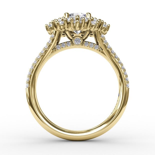 Contemporary Floral Halo Engagement Ring With Double-Row Pavé Band