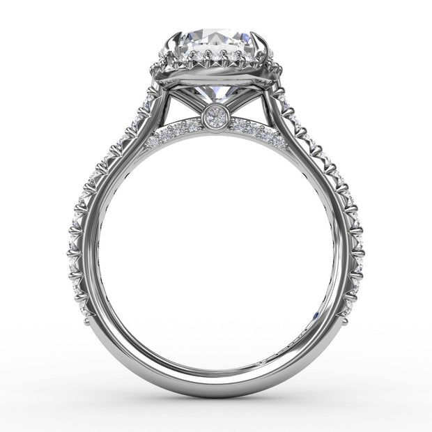 Contemporary Round Diamond Halo Engagement Ring With Geometric Details