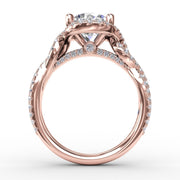 Contemporary Round Diamond Halo Engagement Ring With Twisted Vine Shank