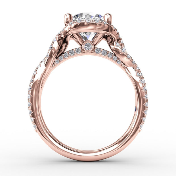 Contemporary Round Diamond Halo Engagement Ring With Twisted Vine Shank