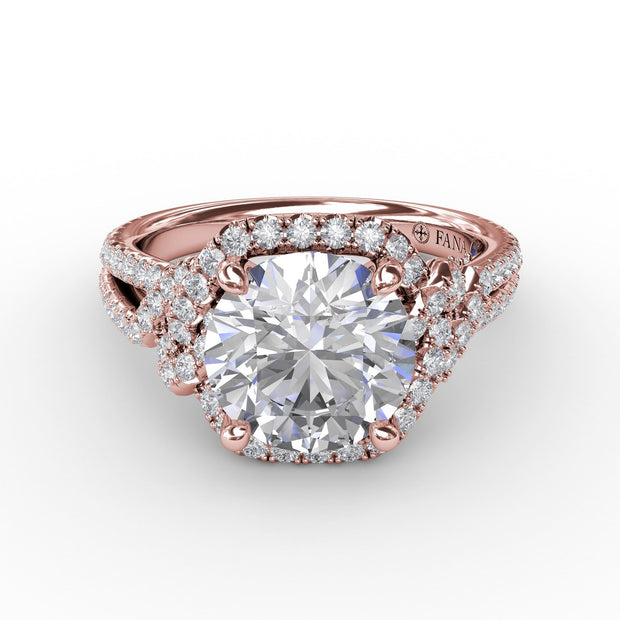 Contemporary Round Diamond Halo Engagement Ring With Couture Details