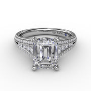 Contemporary Emerald Cut Diamond Solitaire Engagement Ring With Triple-Row Diamond Band