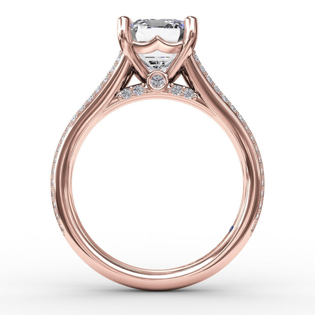 Contemporary Emerald Cut Diamond Solitaire Engagement Ring With Triple-Row Diamond Band