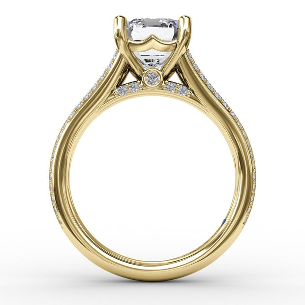 Contemporary Emerald Cut Diamond Solitaire Engagement Ring With Triple-Row Diamond Band