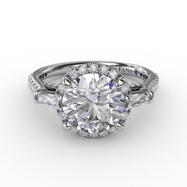 Vintage Round Diamond Halo Engagement Ring With Tapered Baguettes