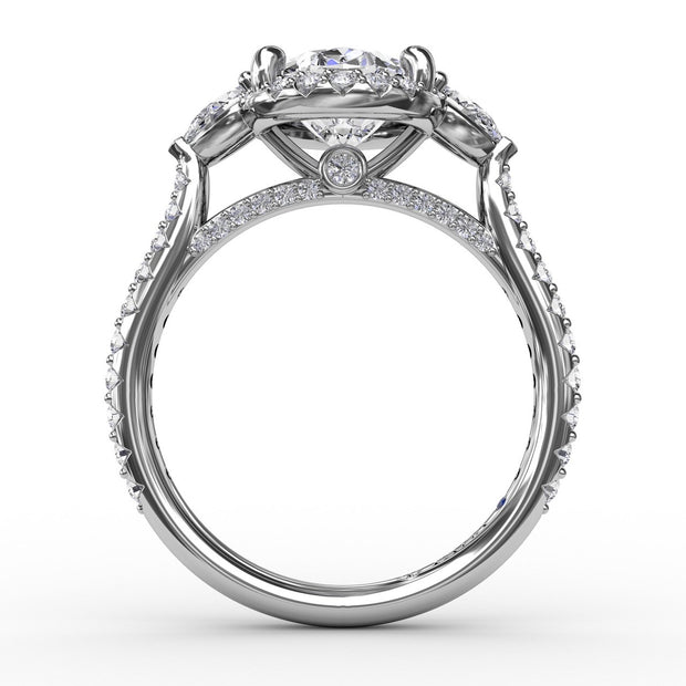 Oval Diamond Halo Engagement Ring With Pear-Shape Diamond Side Stones