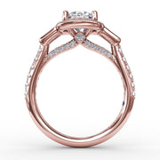 Three-Stone Diamond Halo Engagement Ring With Baguette Side Stones