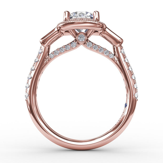 Three-Stone Diamond Halo Engagement Ring With Baguette Side Stones