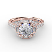 Cushion Shaped Diamond Halo Engagement Ring With Baguettes