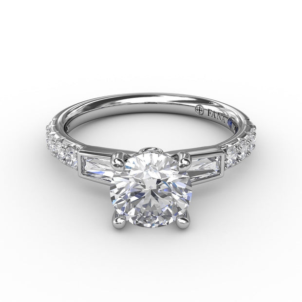 Three-Stone Round Diamond Engagement Ring With Bezel-Set Baguettes and Diamond Band