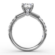 Three-Stone Round Diamond Engagement Ring With Bezel-Set Baguettes and Diamond Band