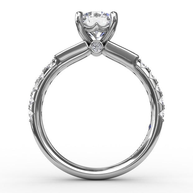 Three-Stone Round Diamond Engagement Ring With Bezel-Set Baguettes and Diamond Band
