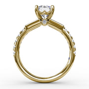 Three-Stone Round Diamond Engagement Ring With Bezel-Set Baguettes and Diamond Band