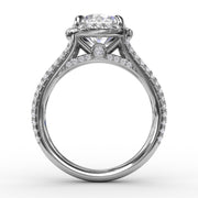 Round Diamond Halo Engagement Ring With Triple-Row Diamond Band