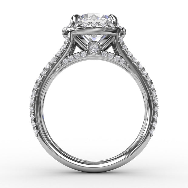 Round Diamond Halo Engagement Ring With Triple-Row Diamond Band