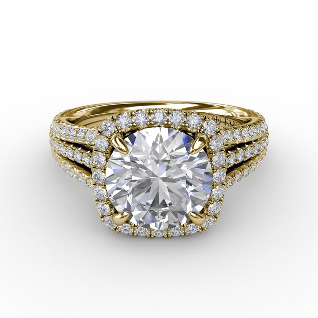 Round Diamond Engagement Ring With Cushion-Shaped Halo and Triple-Row Diamond Band