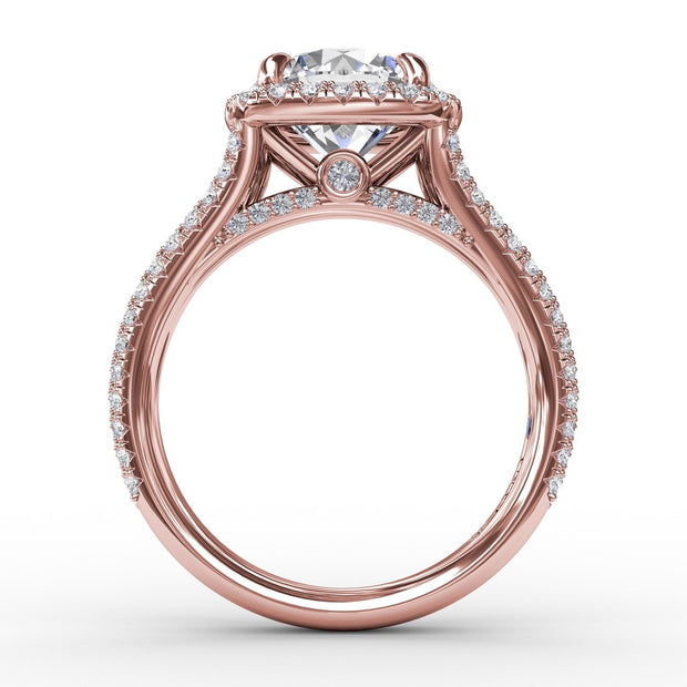 Round Diamond Engagement Ring With Cushion-Shaped Halo and Triple-Row Diamond Band