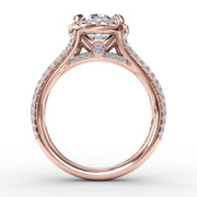 Oval Diamond Halo Engagement Ring With Triple-Row Diamond Band