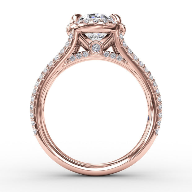 Oval Diamond Halo Engagement Ring With Triple-Row Diamond Band