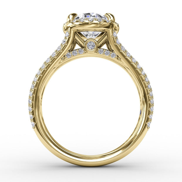 Oval Diamond Halo Engagement Ring With Triple-Row Diamond Band