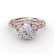 Round Diamond Engagement With Floral Halo and Milgrain Details